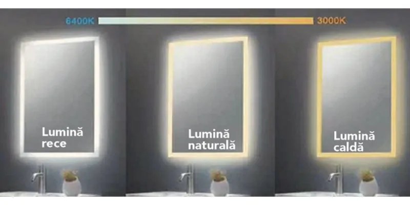 Oglinda Fluminia, Ando 90, dreptunghiulara, cu LED, 3 culori, dezaburire, 90 cm