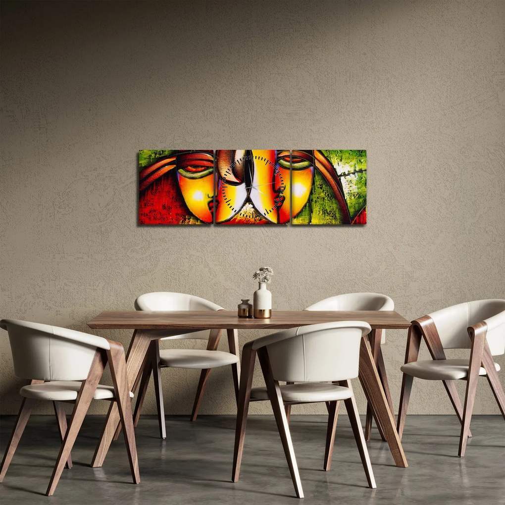 Tablou - Pictură în ulei, chipuri abstracte (cu ceas) (90x30 cm)