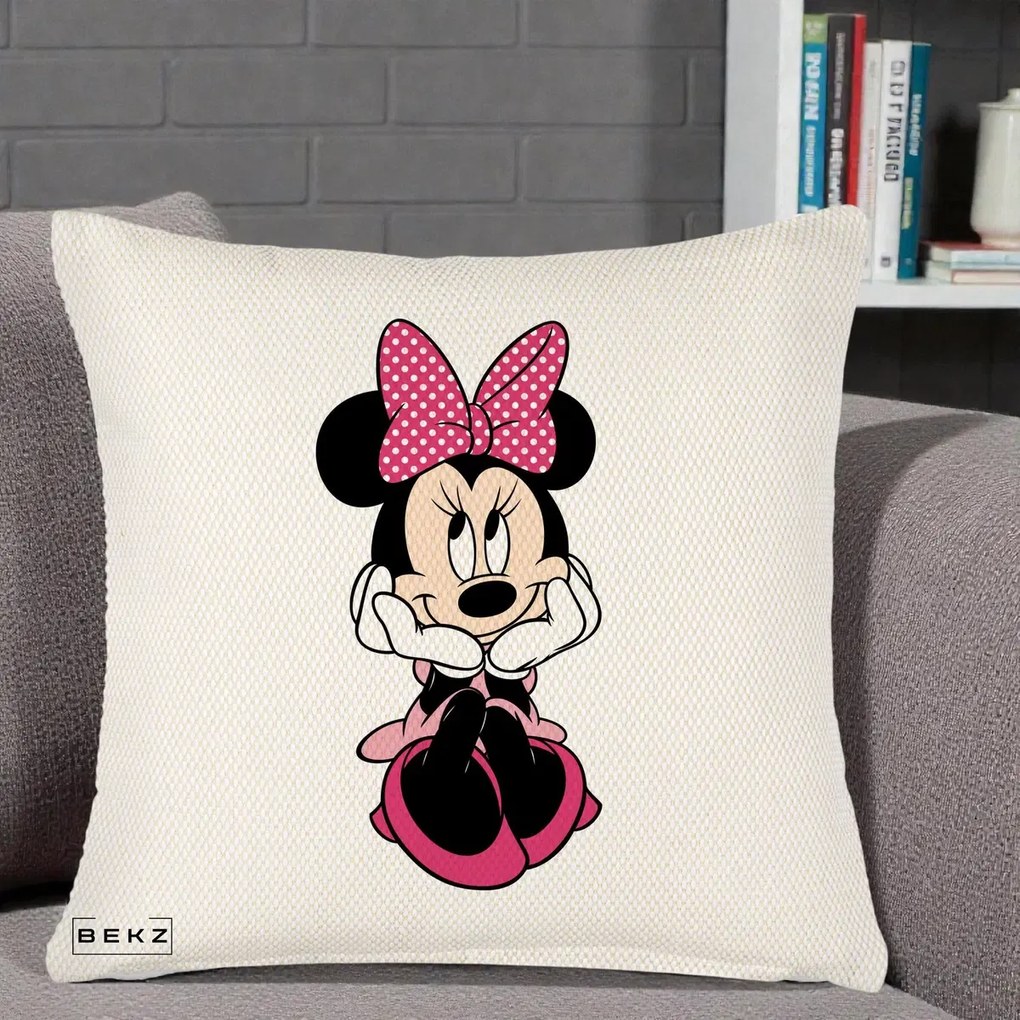 Perna Personalizata Minnie Mouse cu Fundita, 40x40 cm, Crem Reliefat, Husa Detasabila, Perna Inclusa, BEKZ®