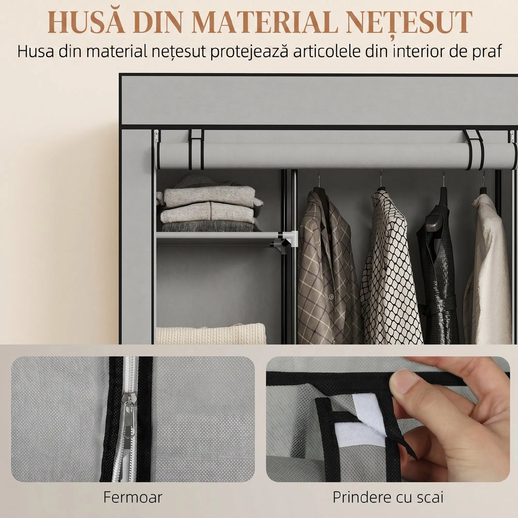 HOMCOM Dulap Portabil din Material Netesut și Oțel cu Roți, 6 Rafturi Deschise, Umeraș, Gri Deschis | Aosom Romania