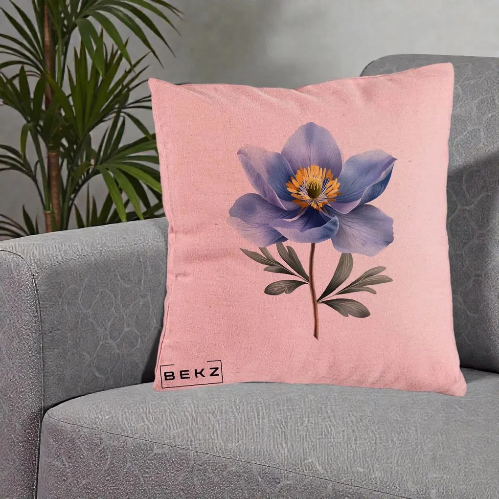 Perna Decorativa Anemona Albastra Botanica, 40x40 cm, Roz, Husa Detasabila, Perna Inclusa, BEKZ®