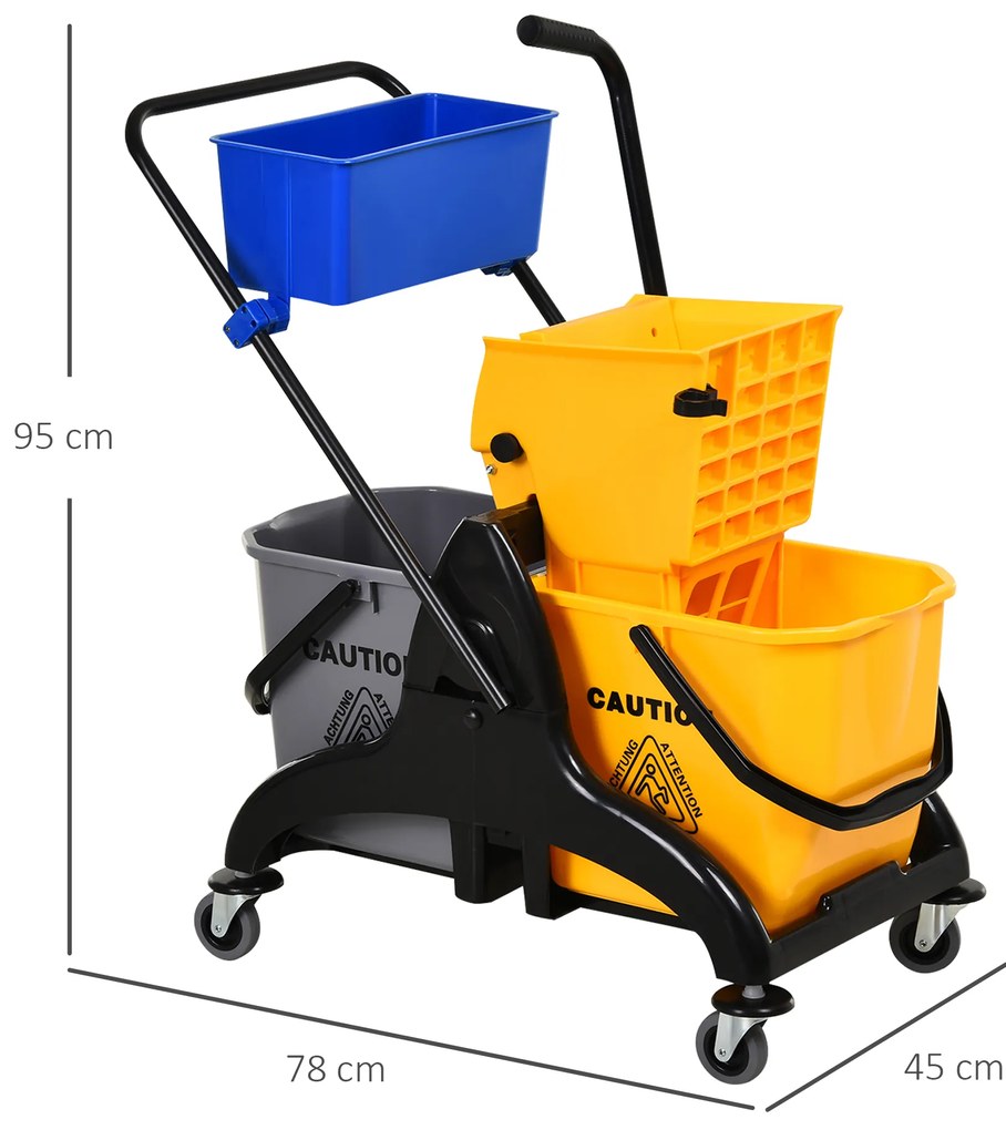 HOMCOM Chariot de curățenie cu exprimare cu găleată laterală de stoarcere 26 L + coș de depozitare 78 x 45 x 95 cm galben | Aosom Romania