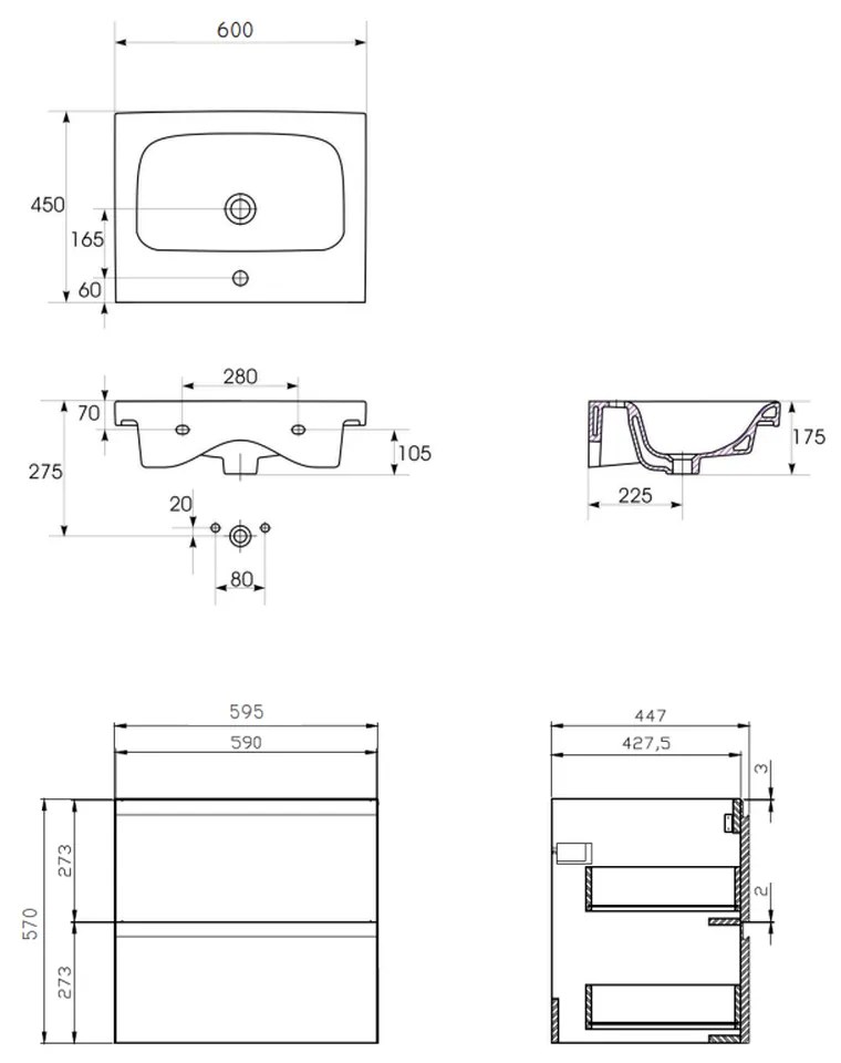 Set dulap baie suspendat 2 sertare cu lavoar Cersanit Moduo inclus, 60 cm, gri Gri, 600x450 mm