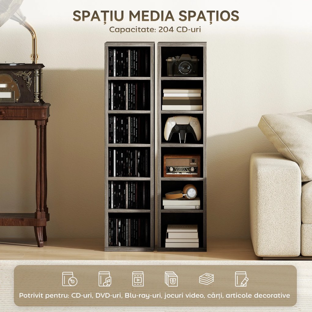HOMCOM Set de 2 Dulapuri pentru CD-uri cu Polițe Reglabile, Raft pentru 204 CD-uri Economisitor de Spațiu, Dulap Media cu 12 Compartimente, pentru Living, Dormitor, Birou, 21x22,5x88,5cm, Gri Antichizat | Aosom Romania