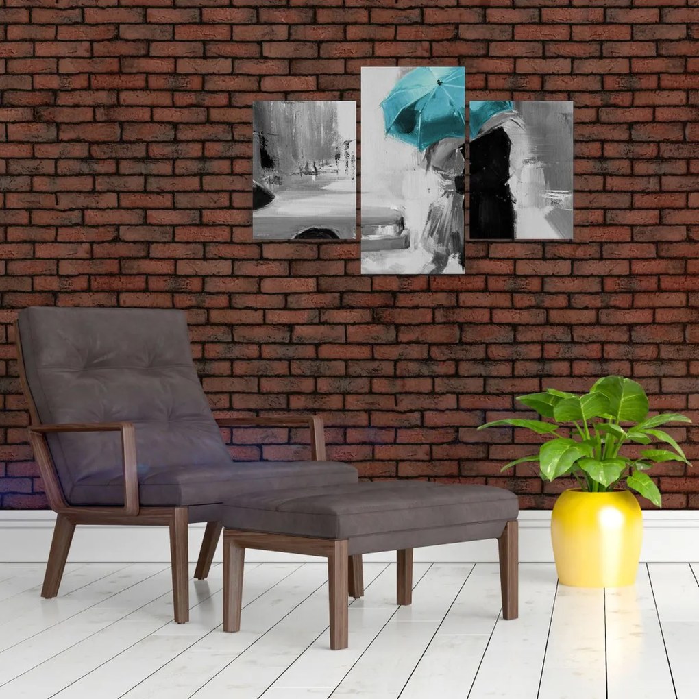 Tablou - Cuplu în dragoste cu umbrelă, albastru (90x60 cm)