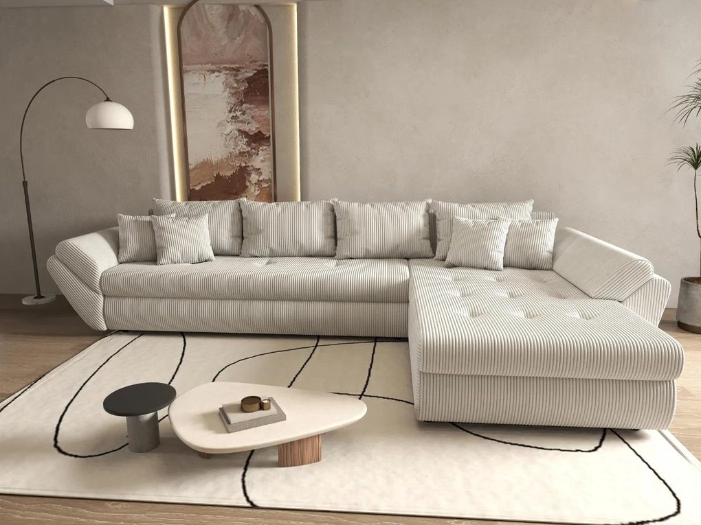 Colțar extensibil dumonde cu ladă de depozitare si sezut confortabil din spuma high-density, Loana XL Zoom Cream II 335x185 cm