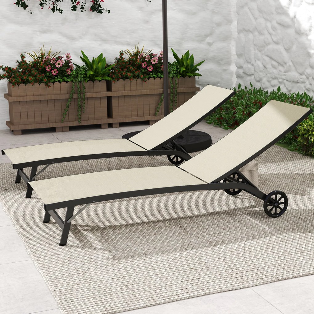 Outsunny Set de 2 șezlonguri din aluminiu și textilenă cu roți, spătar reglabil, sarcină max. 150 kg kaki | Aosom Romania
