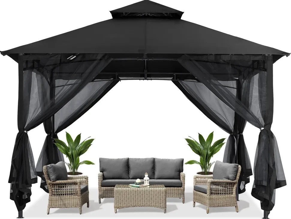 ABCCANOPY Foișor de gradina 3.3x3.3 m - Foișor exterior cu cadru din oțel și plasă de țânțari pentru gazon, curte, grădină, terasă, Negru