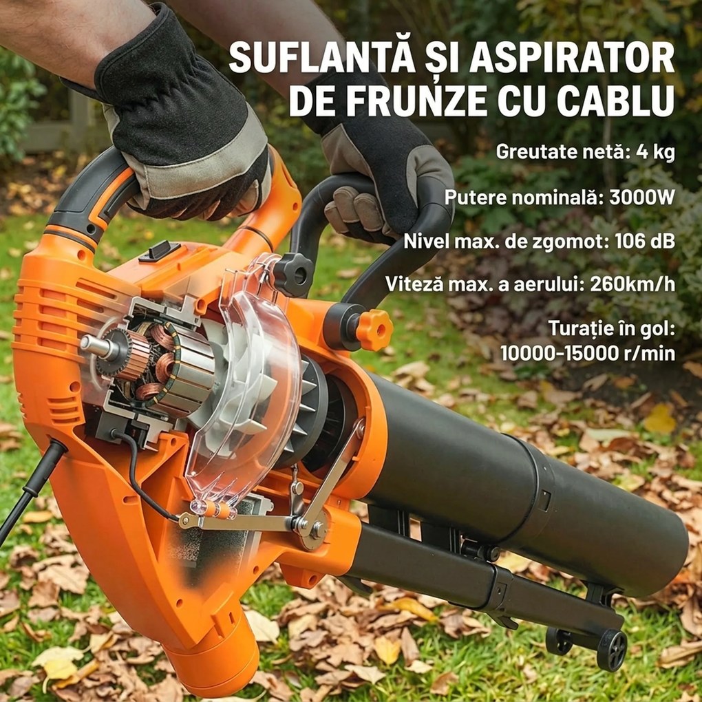 Outsunny 3-în-1 Suflantă, Aspirator, Tocător pentru Frunze 3000W, Ușor | Aosom Romania