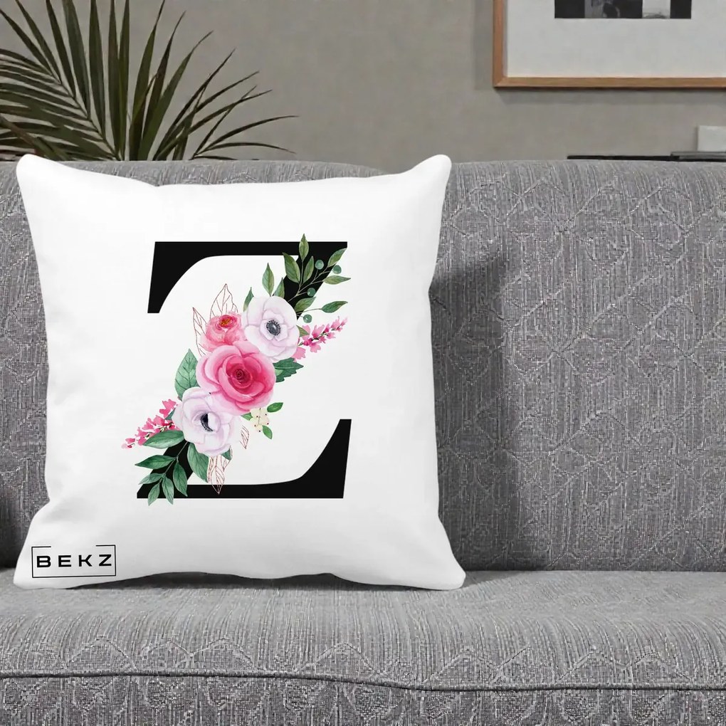 Cadou Personalizat - Perna Personalizata Monograma Florala Litera Z cu Buchet, 40x40 cm, Alba Mata, Husa Detasabila, Perna Inclusa, BEKZ®