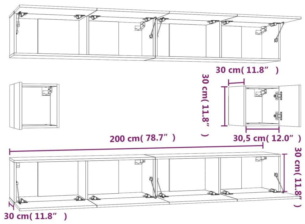 Set dulapuri TV, 6 piese, stejar fumuriu, lemn prelucrat 6, Stejar afumat, 100 x 30 x 30 cm