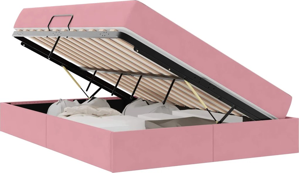 vidaXL Pat cu saltea și spațiu de depozitare Roz 140 x 190 cm Catifea