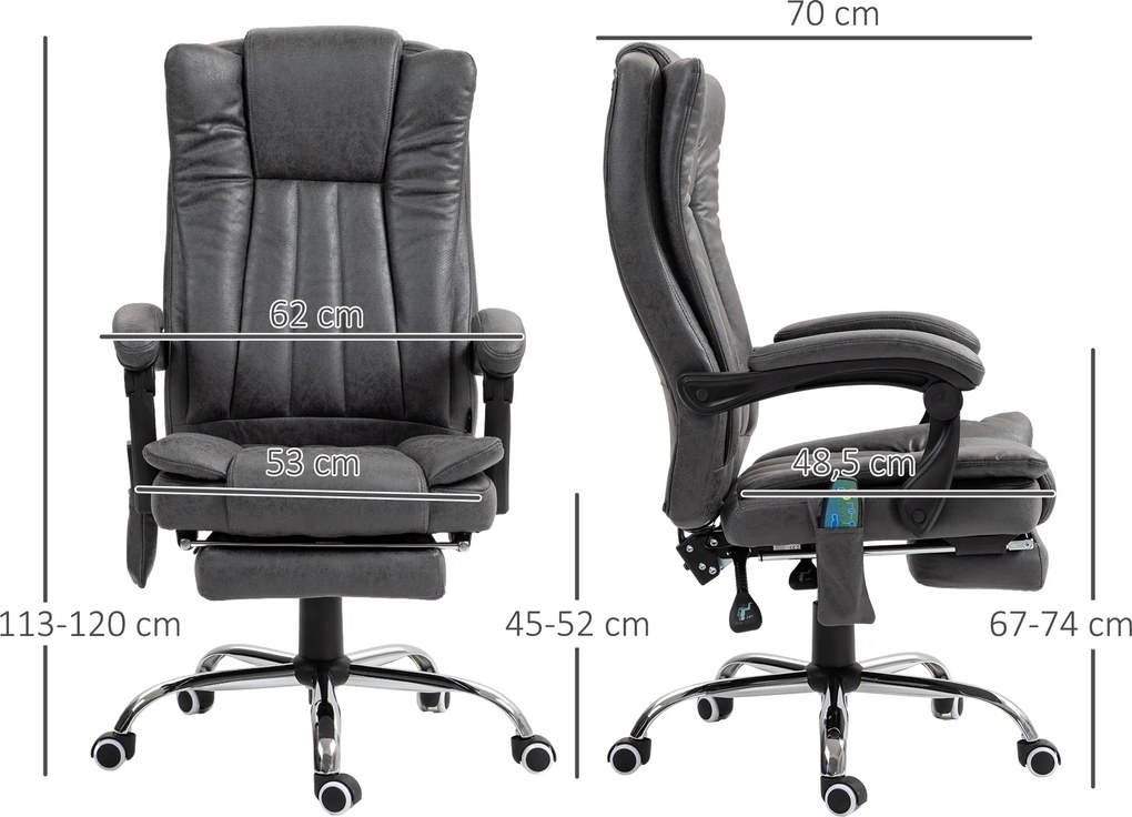 Vinsetto Fotoliu de birou cu funcție de masaj și încălzire, suport pentru picioare, reglabil, până la 120kg, Gri | Aosom Romania