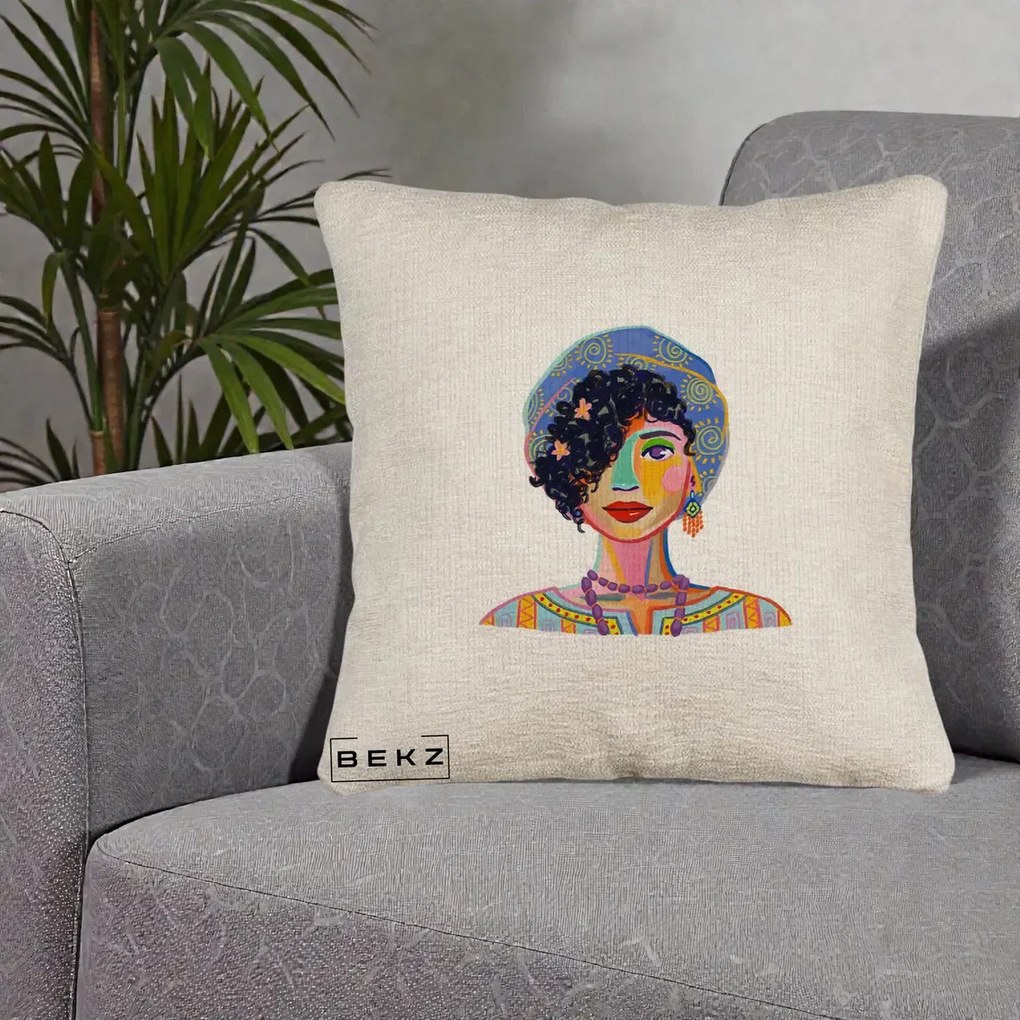 Perna Decorativa Portret Femeie Etnic Colorat, 40x40 cm, Bej Canapea, Husa Detasabila, Perna Inclusa, BEKZ®