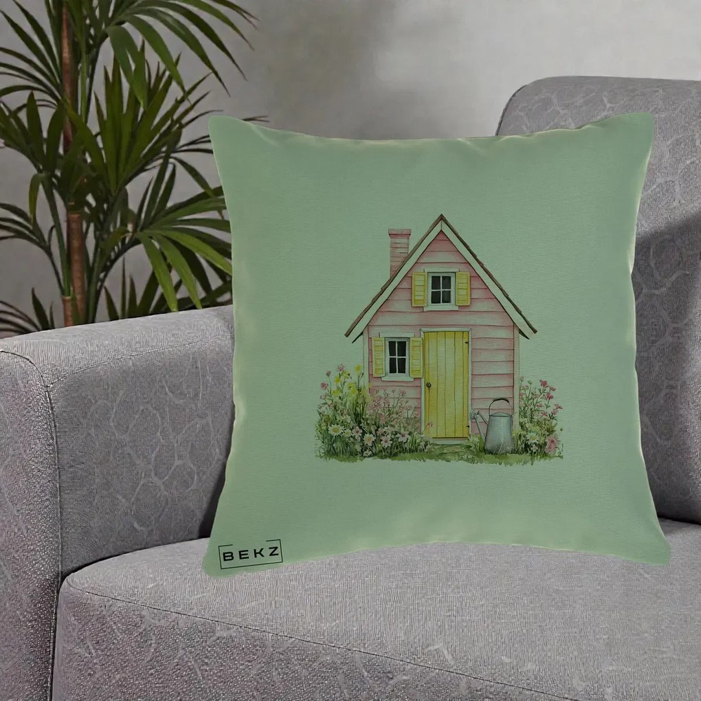Perna Decorativa Casuta Roz Acuarela cu Gradina, 40x40 cm, Verde, Husa Detasabila, Perna Inclusa, BEKZ®
