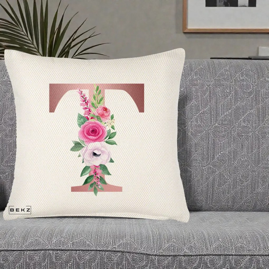 Cadou Personalizat - Perna Personalizata Monograma Rose Gold Litera T, 40x40 cm, Crem Reliefat, Husa Detasabila, Perna Inclusa, BEKZ®
