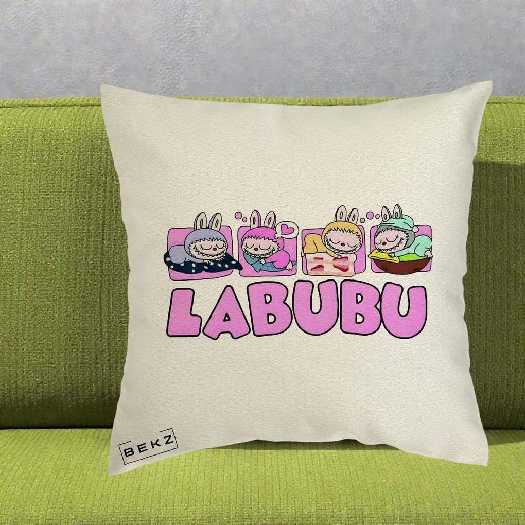 Perna Personalizata Labubu Sleeping Quad, 40x40 cm, Ecru, Husa Detasabila, Perna Inclusa, BEKZ®