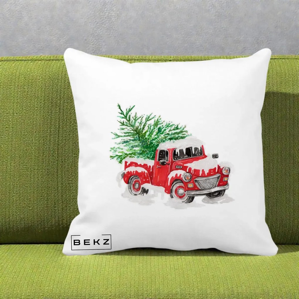 Perna Decorativa Camioneta Rosie Brad de Craciun, 40x40 cm, Alba Mata, Husa Detasabila, Perna Inclusa, BEKZ®