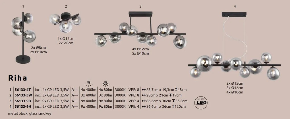 Lustra cu 9 surse de lumina design modern RIHA fumurie 56133-9D GL