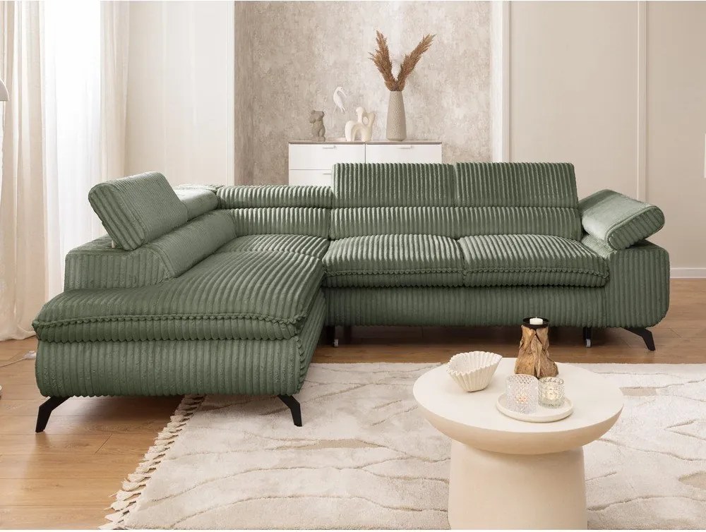 Colțar verde cu tapițerie din catifea reiată (cu colț pe partea stângă/în formă de ”L”) Marbeya – Ropez