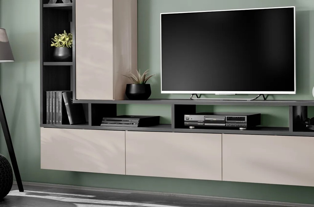Mobila Living modern, casmir bej inchis stejar grafit, 210 cm lungime x35 cm adancime, suspendata- prindere perete, usi deschidere prin apasare-push