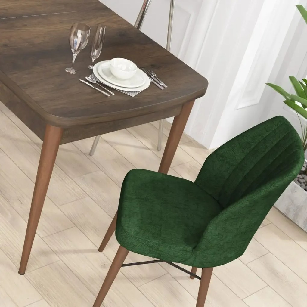 Set masa extensibila cu 6 scaune tapitate Homs cargold 250-30050 nuc-VERDE,170 x 80 cm