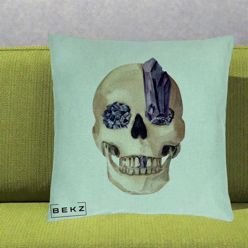 Perna Decorativa Craniu cu Cristale de Ametist, 40x40 cm, Verde Menta, Husa Detasabila, Perna Inclusa, BEKZ®