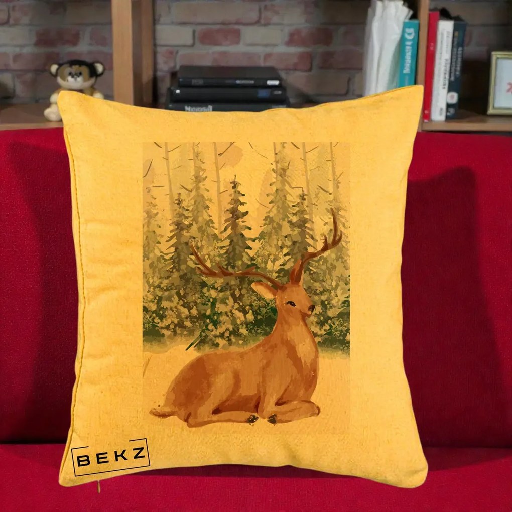 Perna Decorativa Ren in Padure Roz Moale, 40x40 cm, Galben, Husa Detasabila, Perna Inclusa, BEKZ®