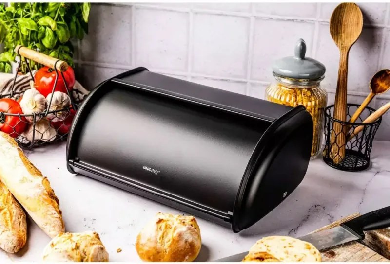 La mâna a doua: Cutie pentru paine Kinghoff KH 1723, 36 cm, Stabila si durabila, Inox, Negru