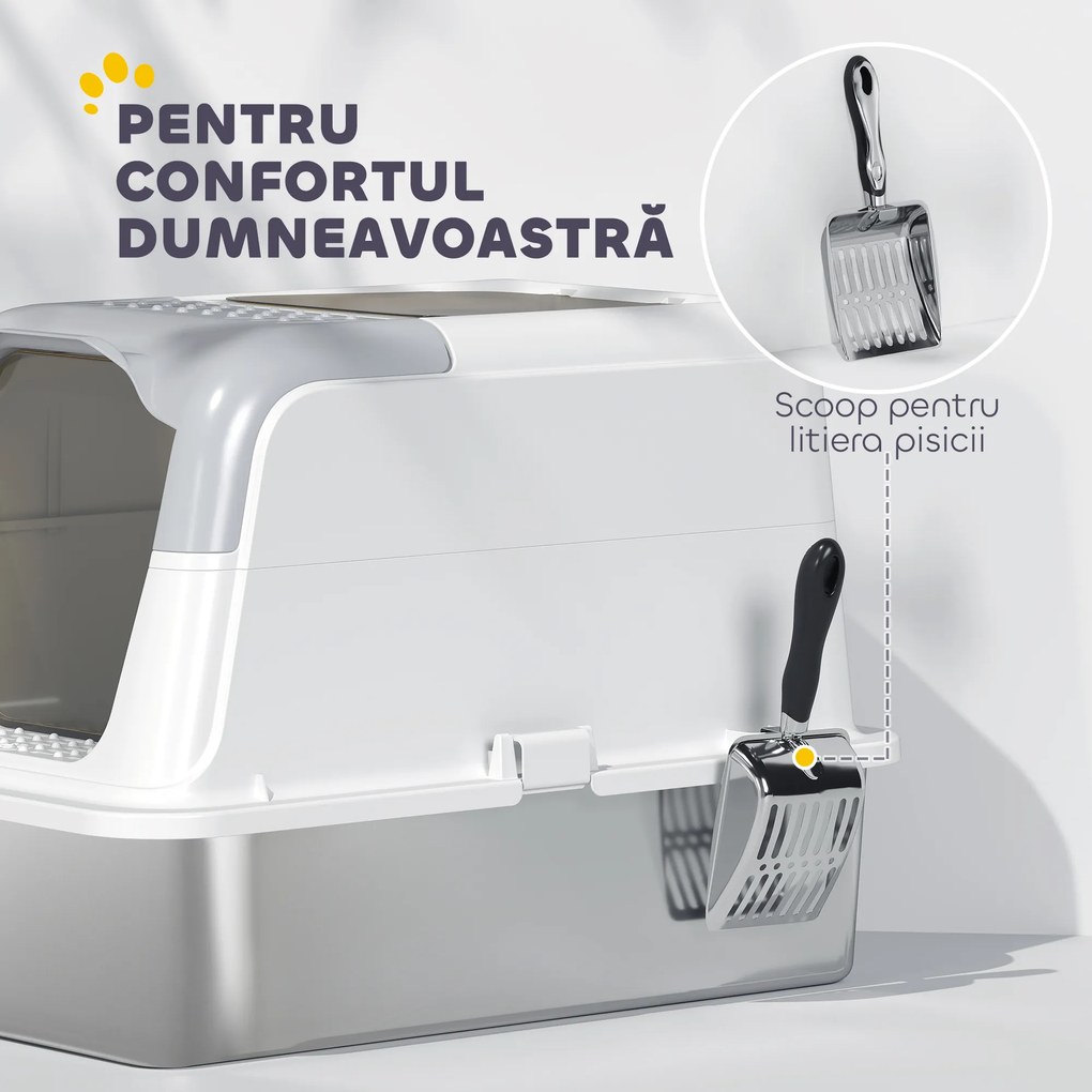 PawHut Litieră pentru pisici cu 2 intrări, deodorant și lopățică Alb și gri | Aosom Romania