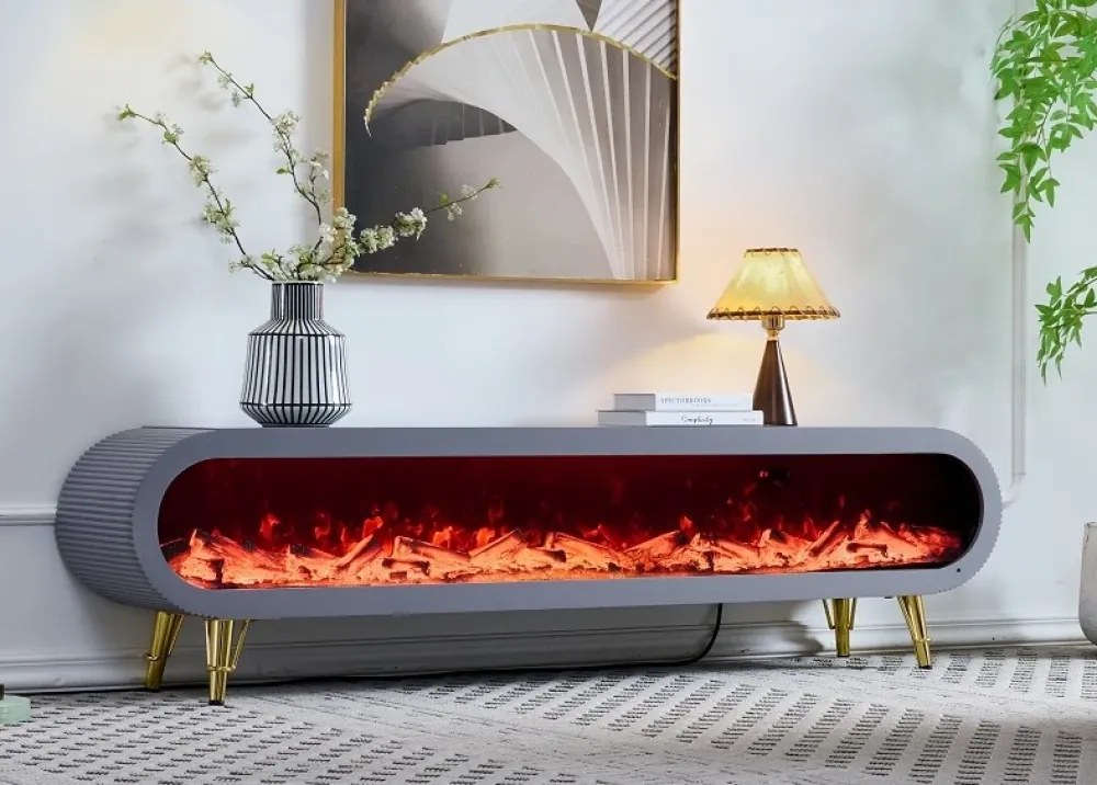 Șemineu electric cu efect LED realist, Comodă TV cu design oval, control vocal și telecomandă, fără încălzire, 180 cm, Gri