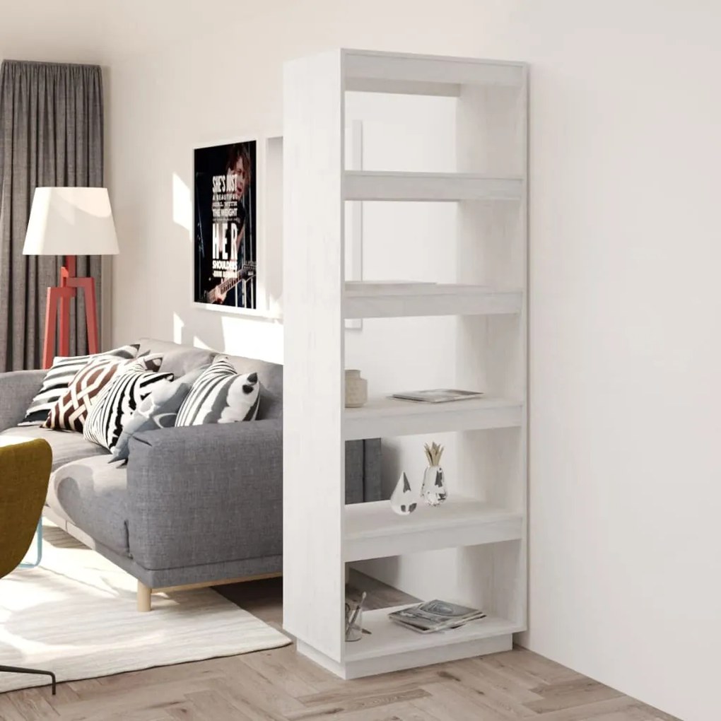 Bibliotecă/separator cameră, alb, 60x35x167 cm, lemn masiv pin