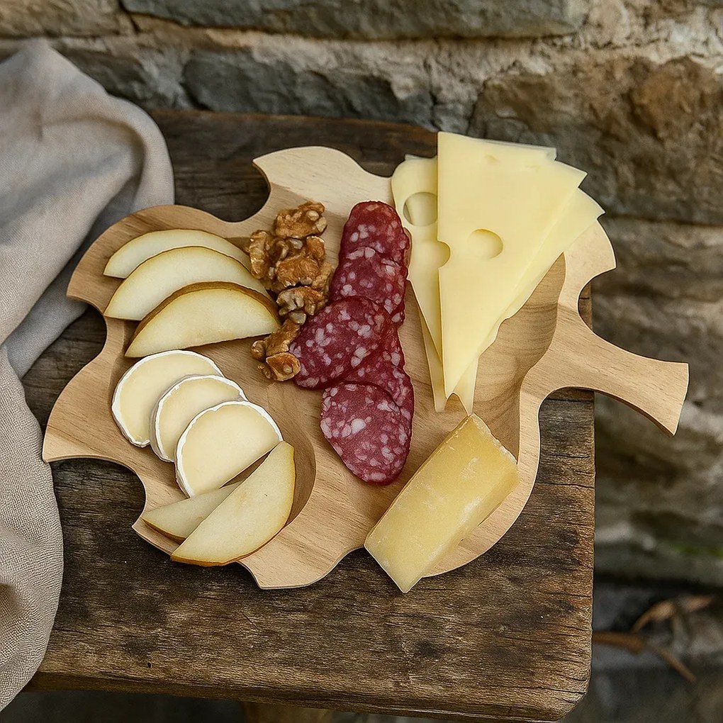 Platou din lemn pentru servire aperitive, 35x26 cm - rustic, tip frunza cu 2 compartimente