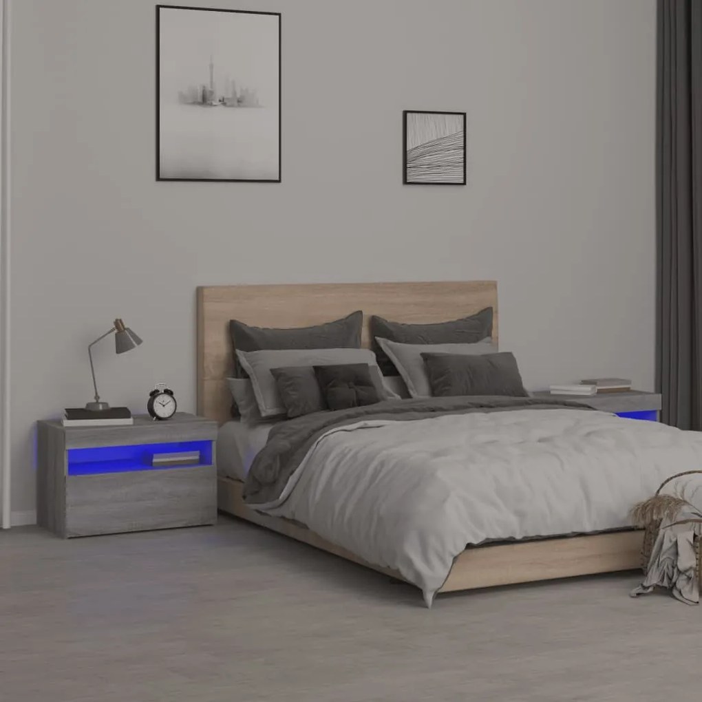 vidaXL Noptiere cu lumini LED, 2 buc., gri sonoma, 60x35x40 cm