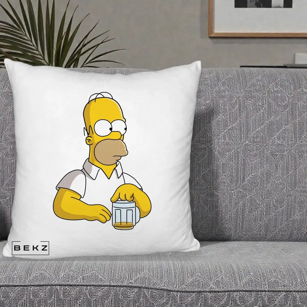 Perna Personalizata Homer Simpson cu Bere, 40x40 cm, Alb Pufos, Husa Detasabila, Perna Inclusa, BEKZ®