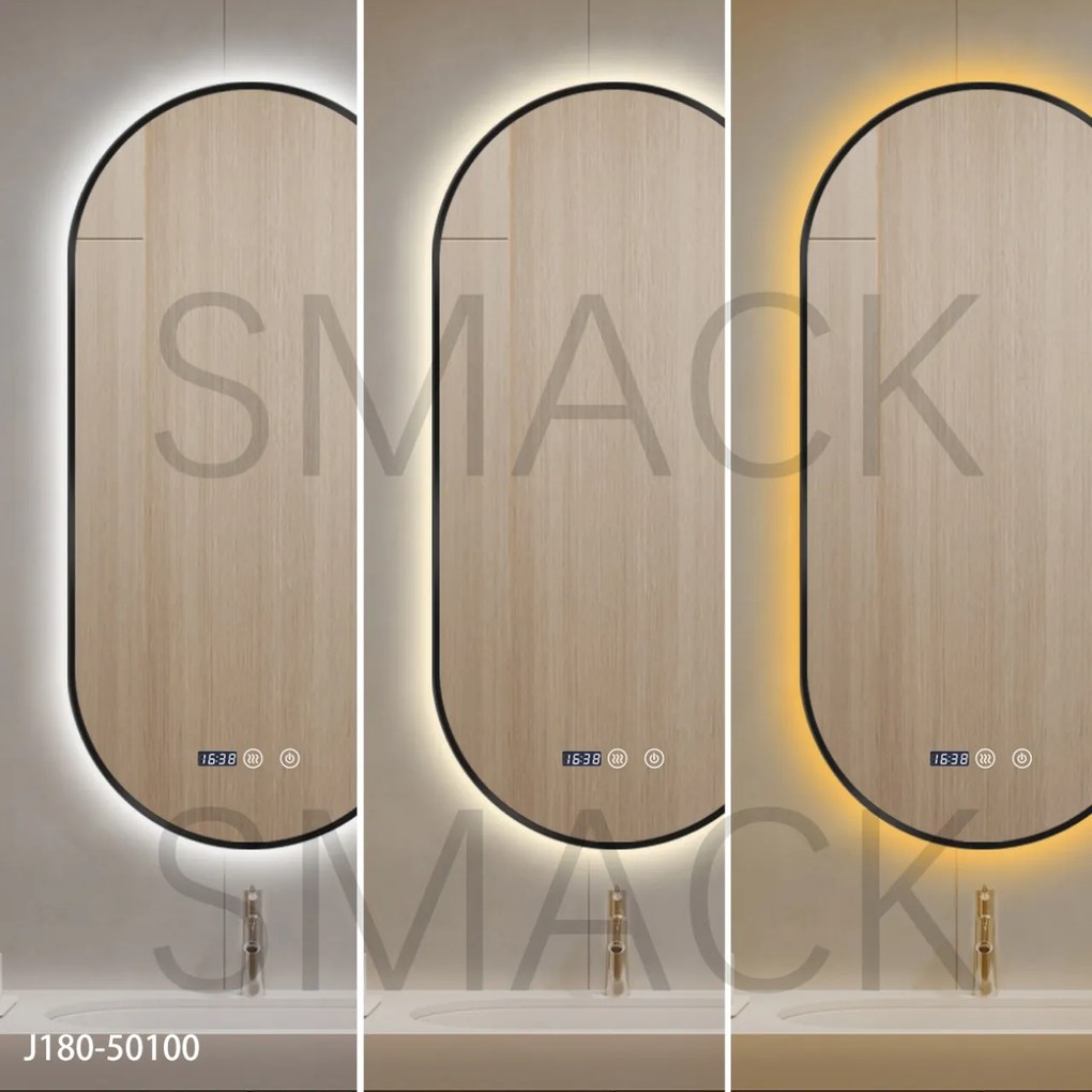 Oglindă LED Touch Premium, Dezaburire, Rama Negra, 3 Tipuri Lumină 50/100 cm