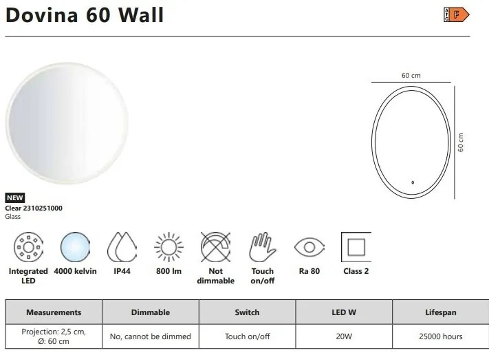 Oglinda baie cu iluminat LED, protectie IP44 Dovina 60