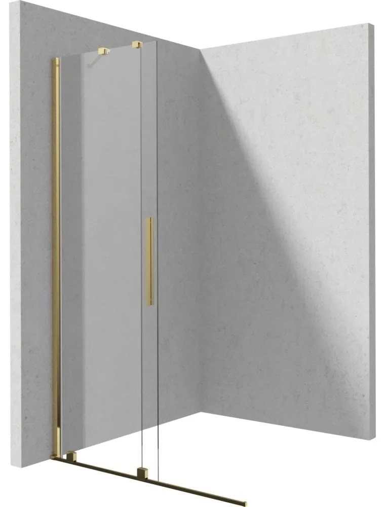 Set paravan dus walk-in cu usa glisanta, 100x195 cm, auriu lucios, Deante Prizma, rigola cu capac faiantabil reversibil plus coloana de dus neagra