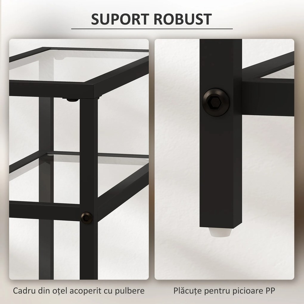 HOMCOM Măsuță de Cafea cu 3 Rafturi din Sticlă și Oțel 40x18x62 cm Negru | Aosom Romania