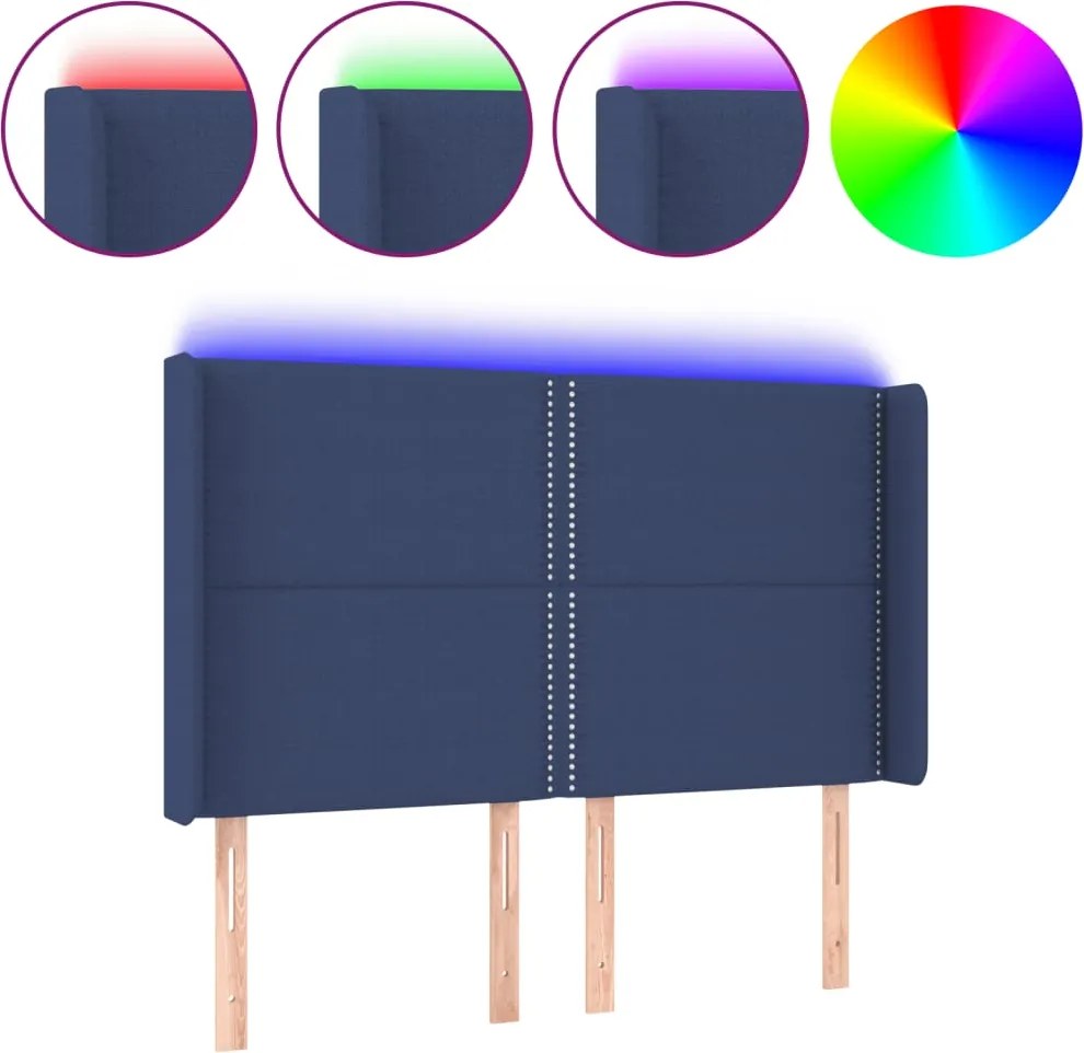 vidaXL Tăblie de pat cu LED, albastru, 147x16x118/128 cm, textil