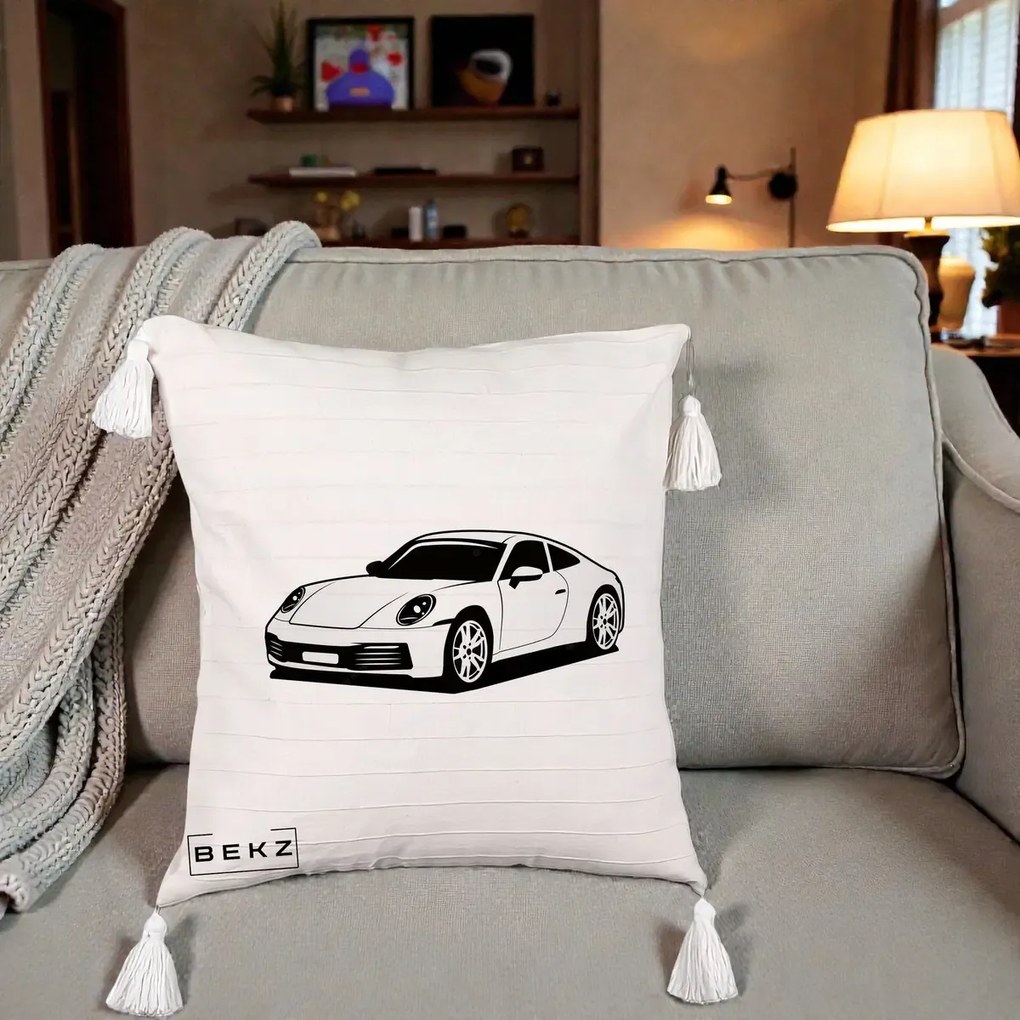 Perna Personalizata Porsche 911 Silueta, 40x40 cm, Bej cu Franjuri, Husa Detasabila, Perna Inclusa, BEKZ®