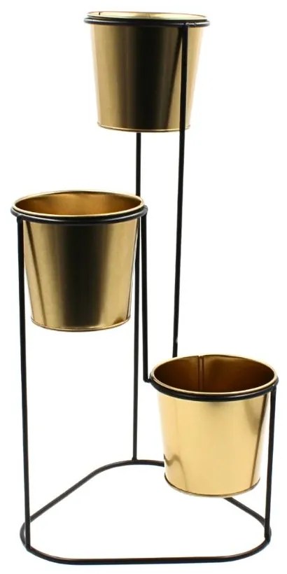 Suport pentru flori, din metal, auriu, 3 ghivece, 24x22x47 cm