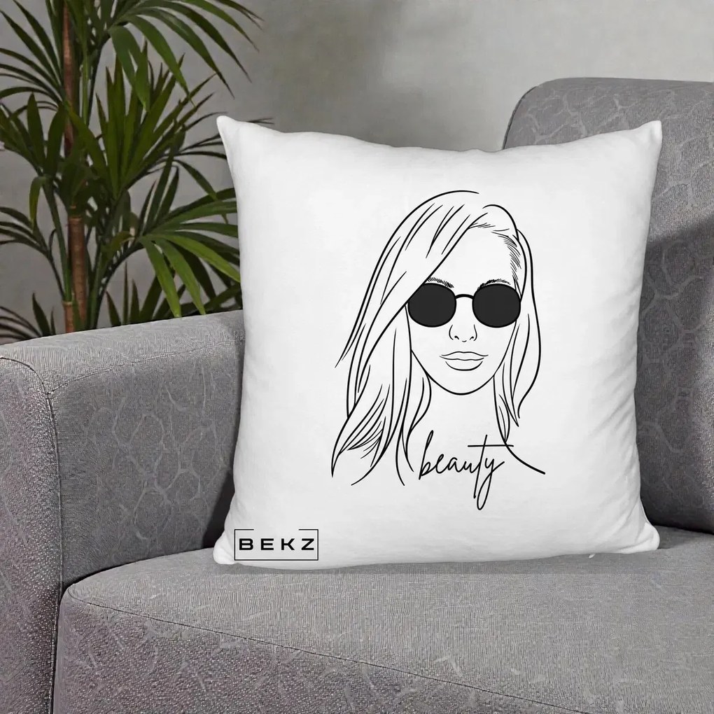 Perna Decorativa Beauty Girl Line Art, 40x40 cm, Alb Pufos, Husa Detasabila, Perna Inclusa, BEKZ®