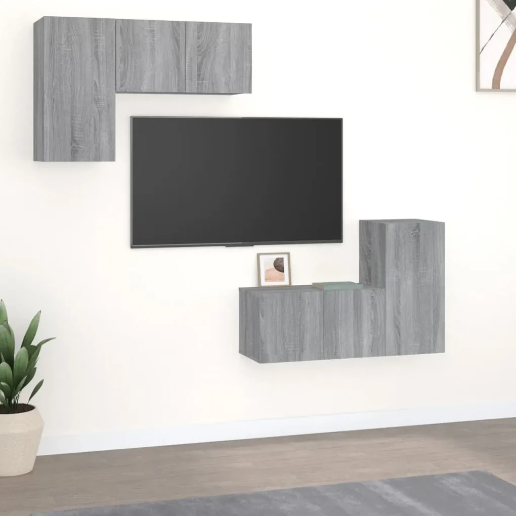 3120273 vidaXL Set dulapuri TV, 4 piese, gri sonoma, lemn prelucrat