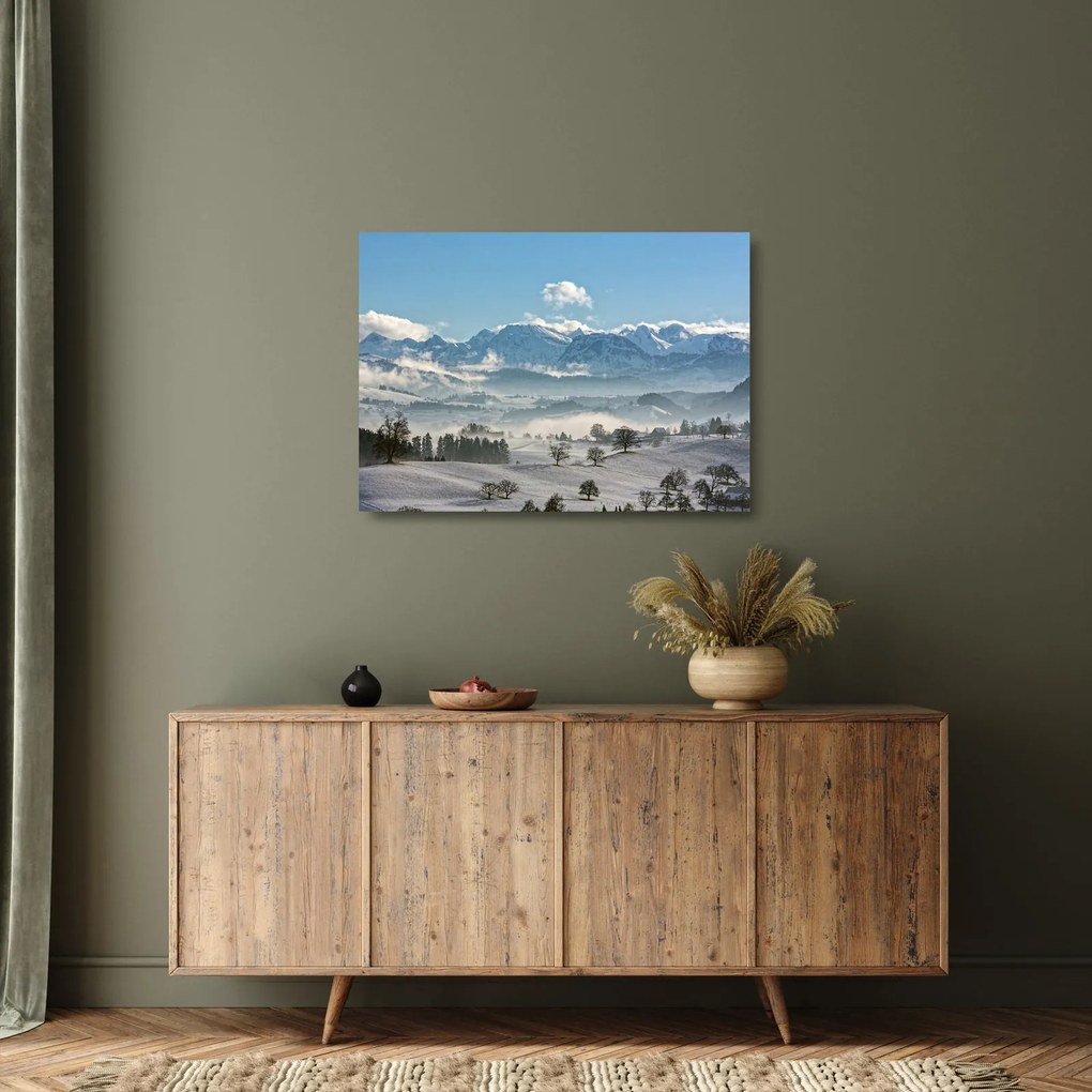 Tablou pe sticlă cu munții înzăpeziți (70x50 cm)