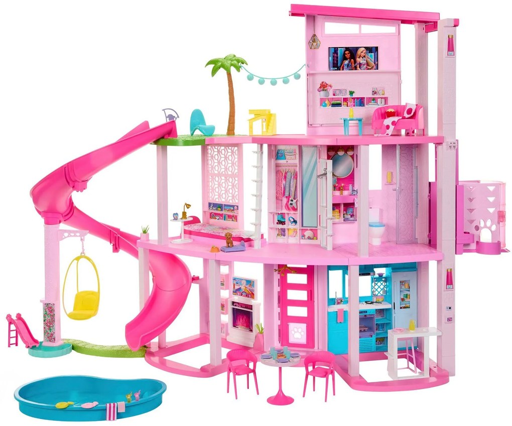 Set casa de papusi Barbie dreamhouse 114 cm cu piscina tobogan lift lumini si sunete 75 piese