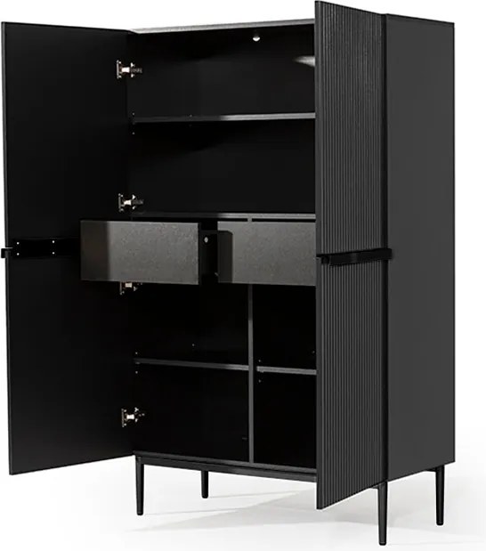 Comodă înaltă Nicole 100 cm cu două uși, fronturi riflate - negru mat / picioare negre