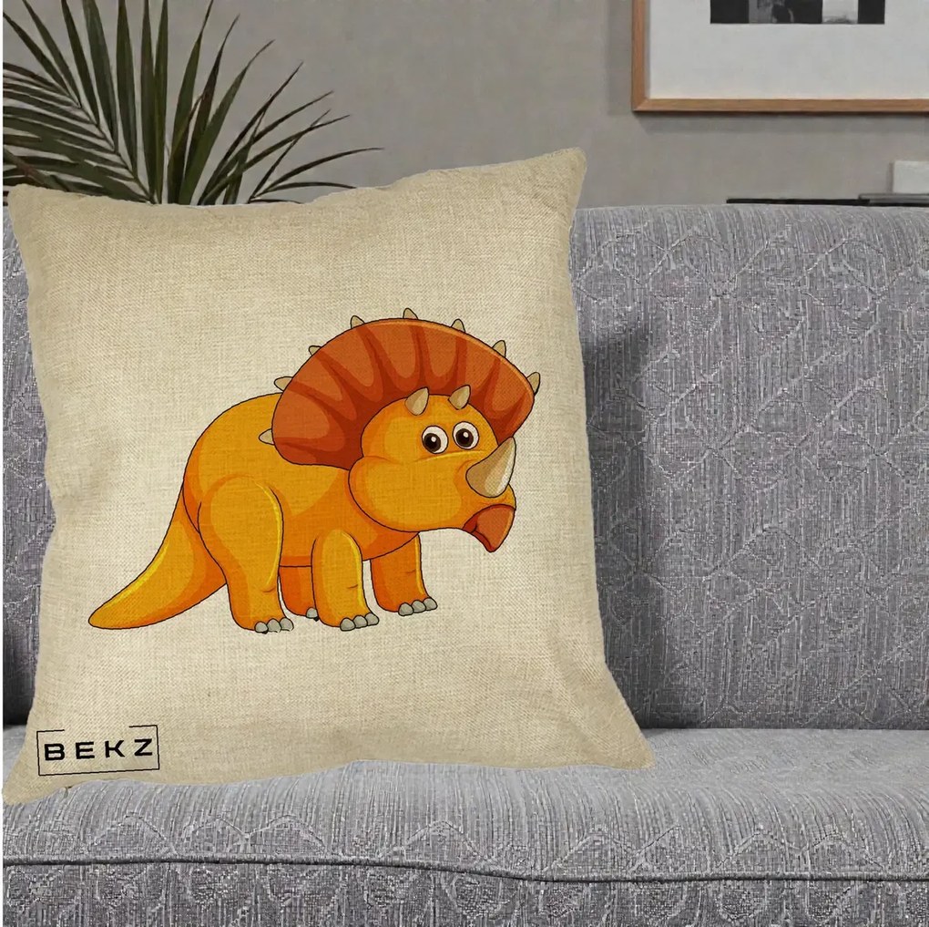 Perna Decorativa Triceratops Portocaliu, 40x40 cm, Crem, Husa Detasabila, Perna Inclusa, BEKZ®