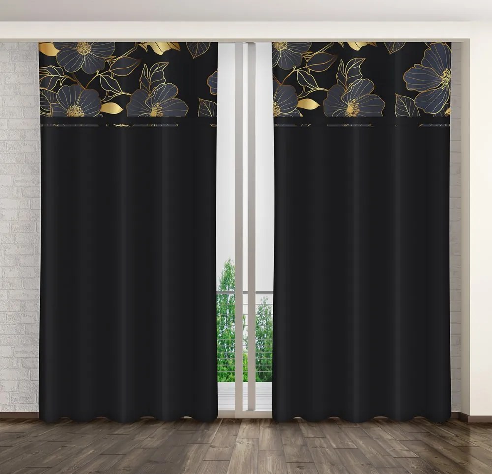 Draperie neagră clasică cu imprimare de flori de aur Lățime: 160 cm | Lungime: 270 cm