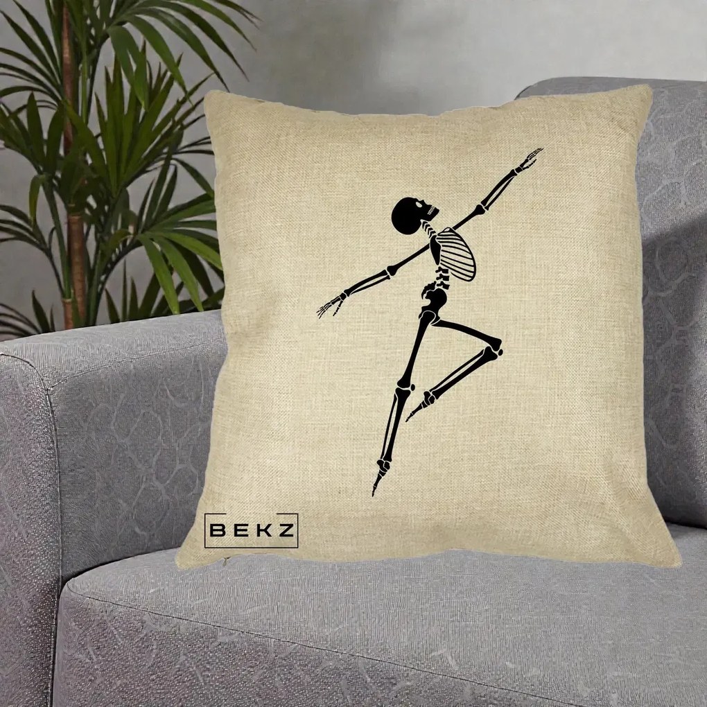 Perna Decorativa Schelet Dansator Silueta Neagra Halloween, 40x40 cm, Crem, Husa Detasabila, Perna Inclusa, BEKZ®